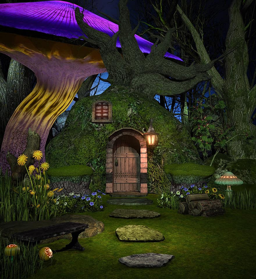 kabine, hytte, træ, mos, fe, fantasi, Skov, eventyr, magi, lys, hus