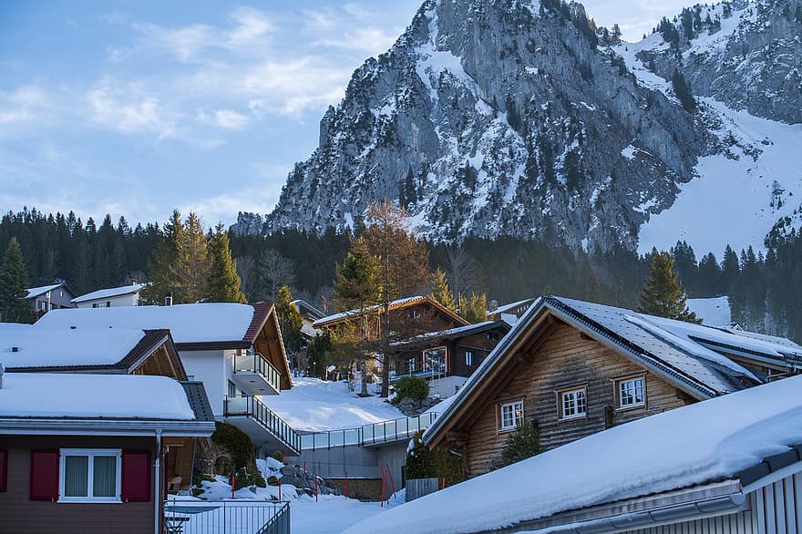 casas, pueblo, invierno, nieve, ventisquero, cuesta abajo, Alpes, brunni, cantón de schwyz, Suiza, edificios