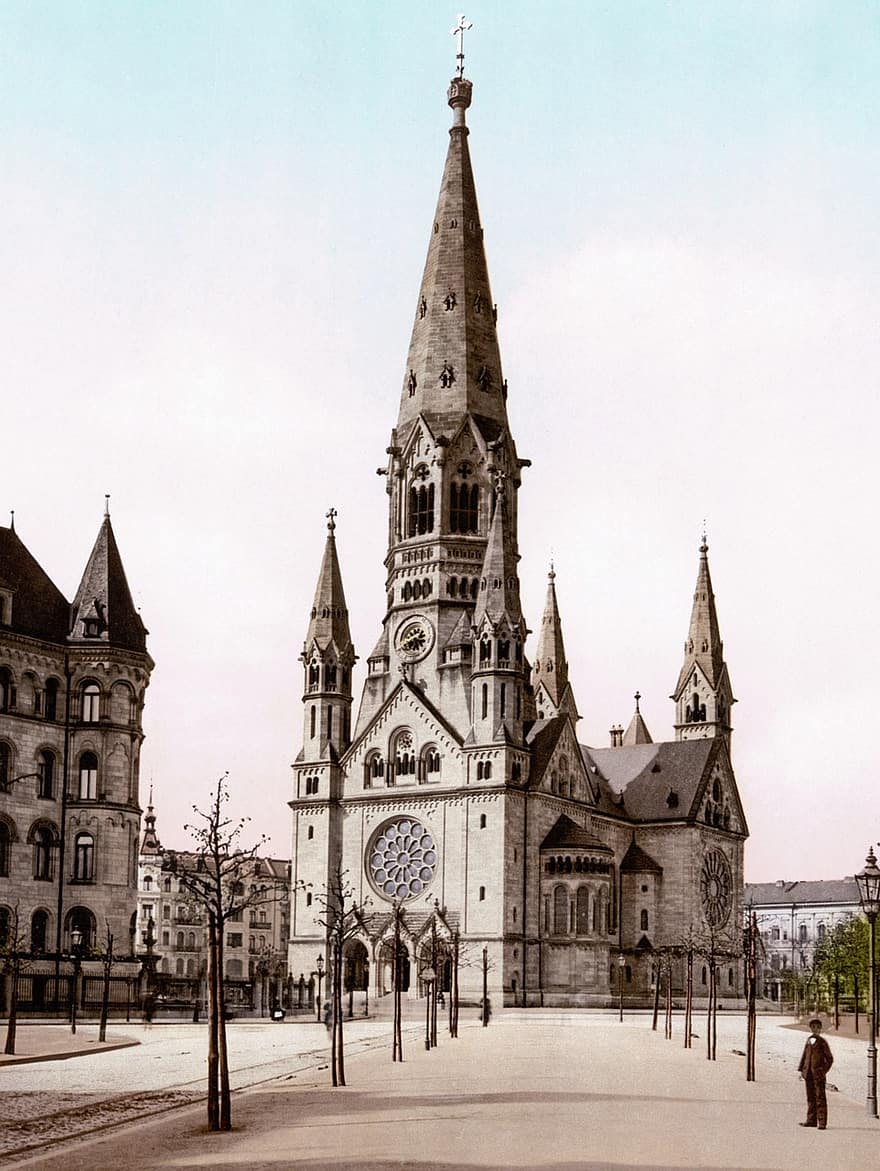 pastkarte, berlin, gedächniskirche, vecs, 1900, nostalģija, ēka, veco laiku, agrāk, kapitālu