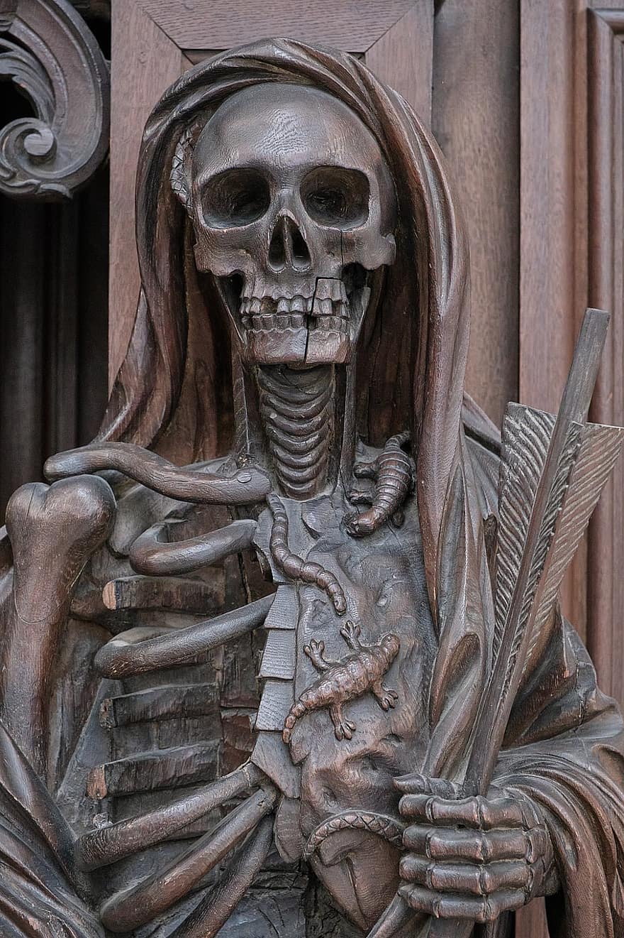 esculpir, mort, esquelet, fusta, religiós, art, vell, cultures, religió, escultura, arquitectura