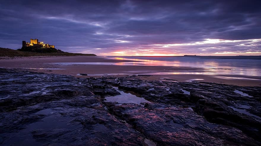 Northumberland, Island, Sea, Ocean, Bamburgh, Coast, Sunrise, Castle, Beach, Nature