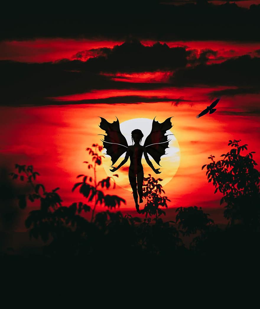Fairy, Sunset, Fantasy, Background, silhouette, dusk, flying, cloud, sky, back lit, sun