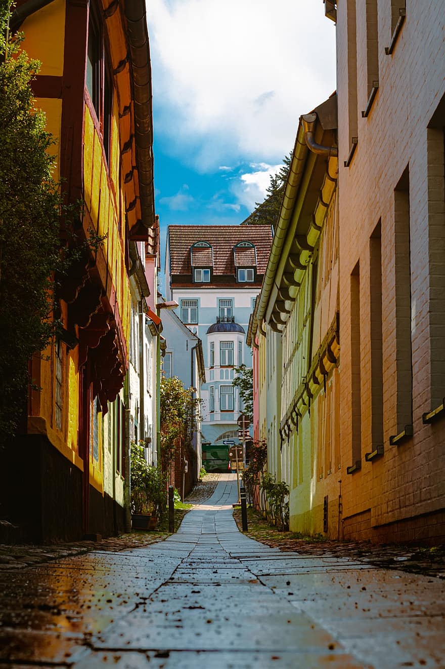 estrada, casa, Flensburg, schleswig-holstein, fotografia de rua, colorida, arquitetura, exterior do edifício, velho, estrutura construída, culturas