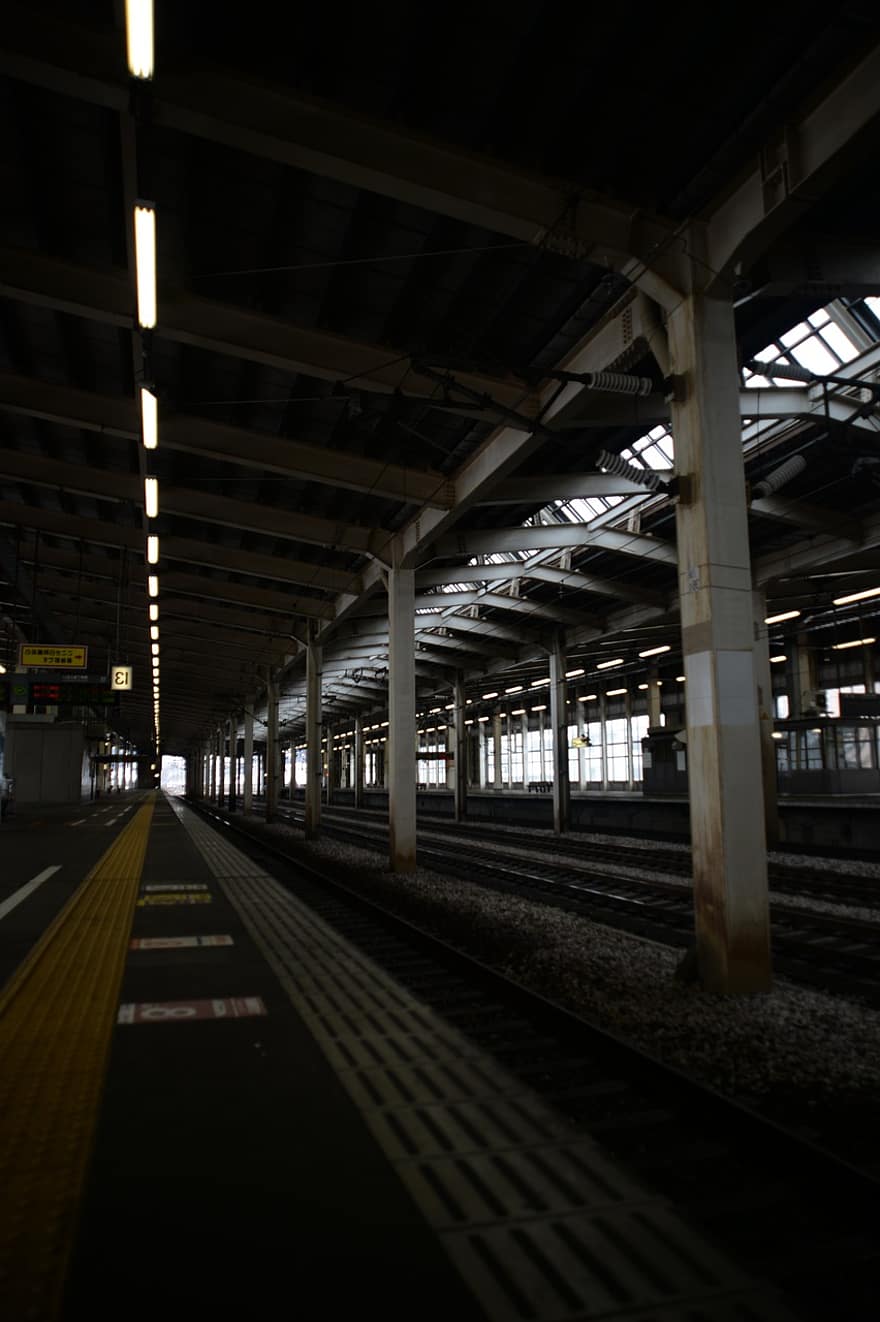 станция, влак, безпилотен, самотен, ръжда, метал, стълб, платформа, права, на закрито, архитектура