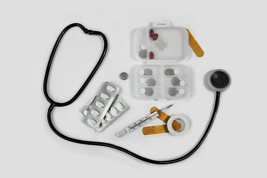 medicin, piller, tabletter, apotek, medicinsk, sundhed, kapsel, aspirin, farmaceutisk, medicin kiste, termometer
