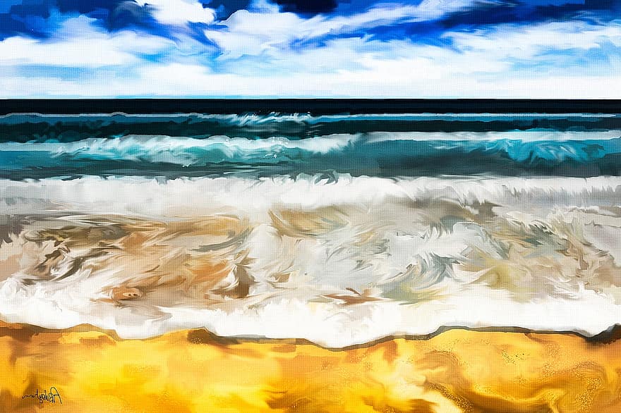 Lukisan Pantai Selancar, pasang di pantai, cat air