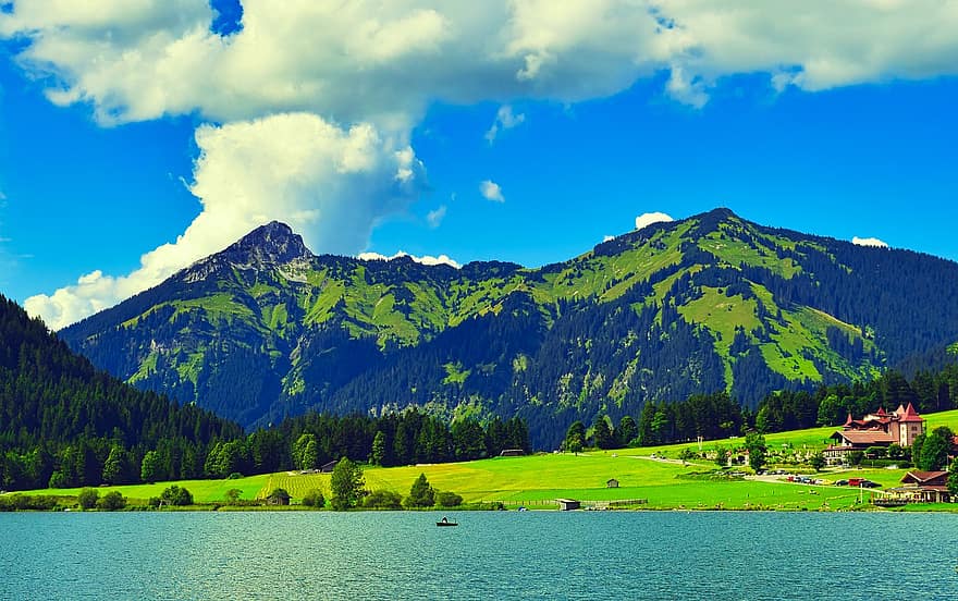 湖、風景、自然、山岳、山、夏、緑色、牧草地、草、青、田園風景