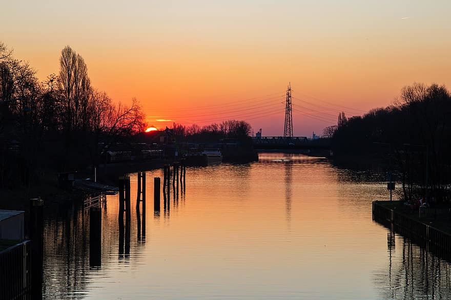 solnedgang, Rhin-Herne-kanalen, vandveje, Forsendelsesrute, ruhr område, kanal, Tyskland, skumring, vand, afspejling, landskab