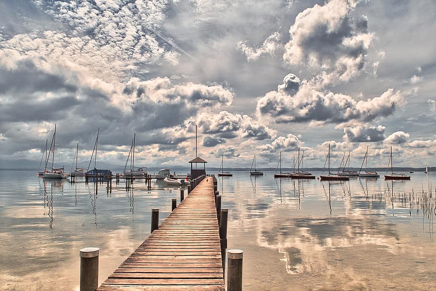 Jetty, Boats, Clouds, Water, Reflection, Water Reflection, Mirroring, Boardwalk, Anchorage, Lake, Sky