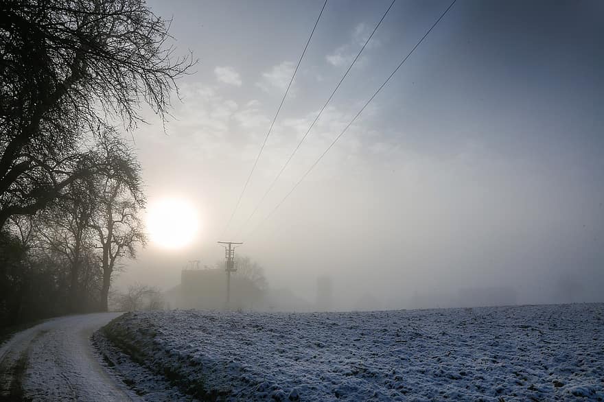 névoa, neve, campo, estrada, caminho, rural, geada, campo de neve, névoa da manhã, nebuloso, neblina