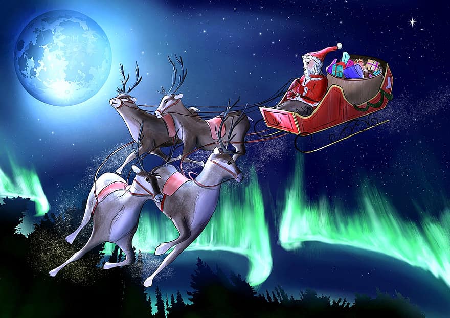 Коледа, Северен елен, Дядо Коледа, празник, нощ, шейна, хора, сняг, илюстрация, зима, празненство