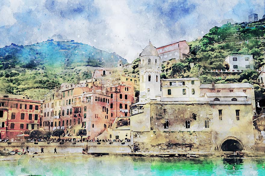 Cinque Terre, Italia, playa, Costa de Amalfi, edificios, escénico, orilla, línea costera, Oceano, Iglesia, turismo