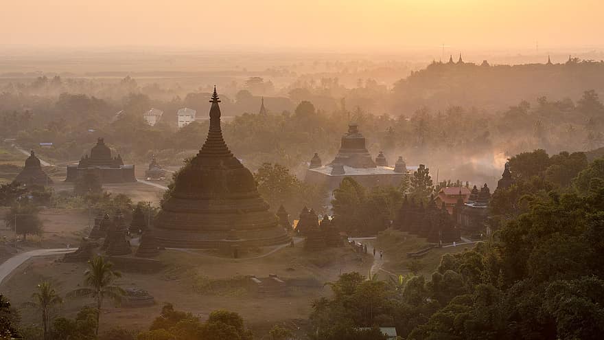templis, ēkām, koki, pilsēta, skats, Mjanma, pagoda, burma