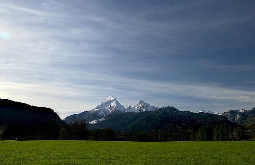 watzmann, gunung, alam, pemandangan, bidang, padang rumput, topi es, topi salju, puncak