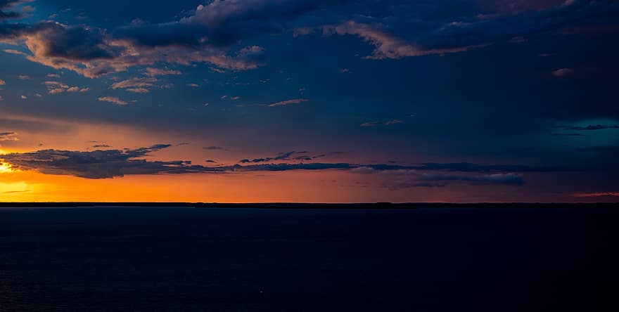puesta de sol, mar, panorama, Oceano, horizonte, cielo, nubes, oscuridad, crepúsculo, resplandor crepuscular, marina