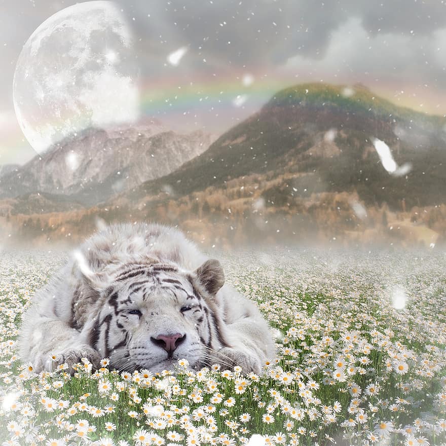 tygr, bílý tygr, volně žijících živočichů, druh, fauna, krajina, Pozadí, digitální pozadí, hory, květiny, měsíc