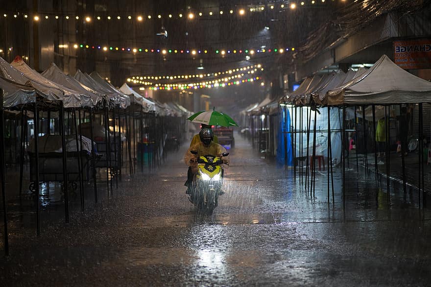 plovent, mercat nocturn, bangkok, nit, pluja, paisatge