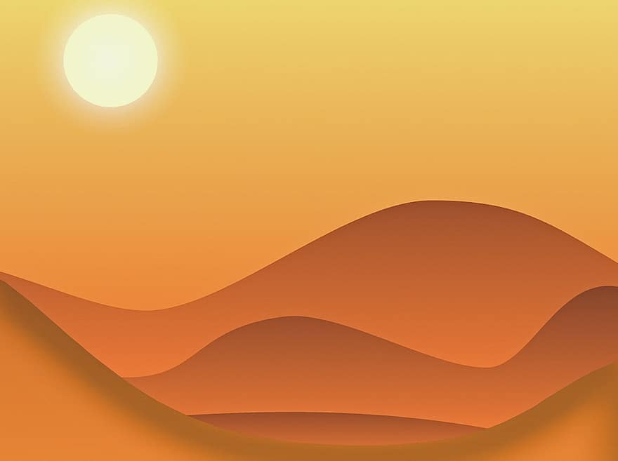 Desert, Sand, Hot Desert, Sun, Sky, Hills, Paper, Scrapbook, Background, Nature, sunset