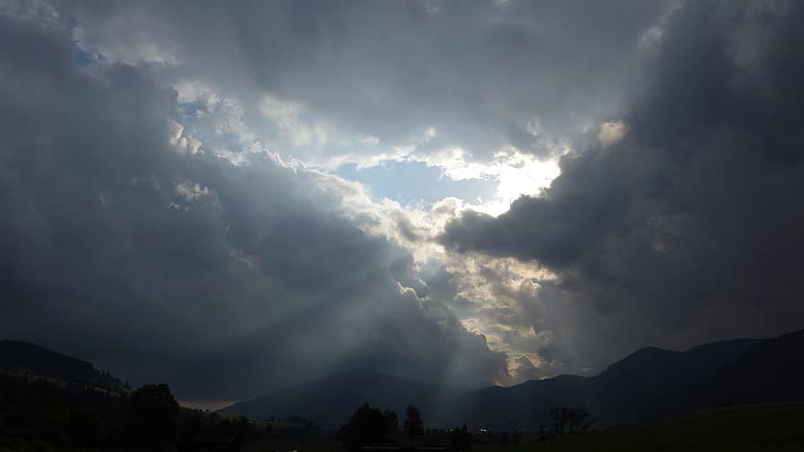 Sky, Clouds, Sun, Nature, Cumulus, Atmosphere, Weather, Background, Mountains, Horizon