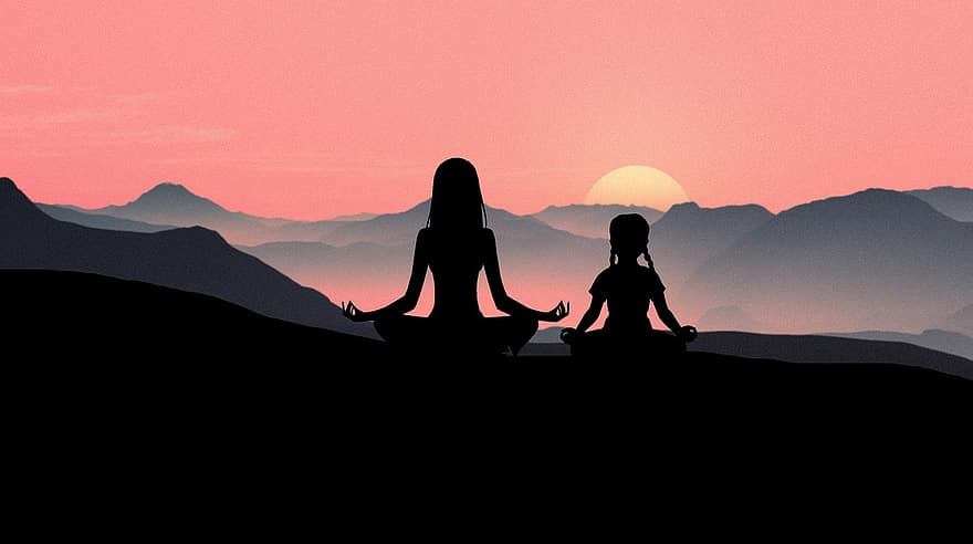 yoga, solnedgang, fjellene, meditere, silhouette, trene, mor og datter, plakat, familie, morskap, pike