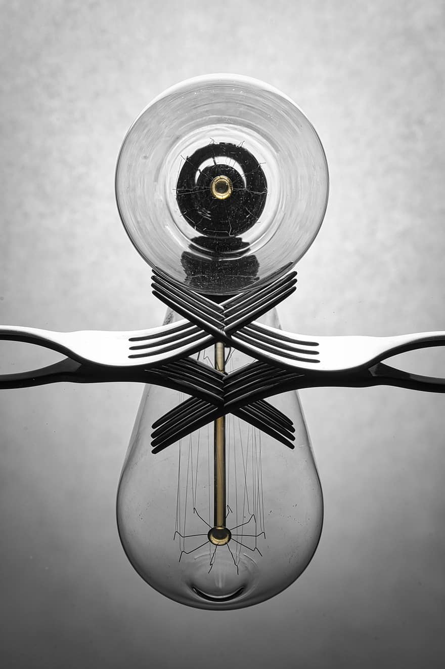 лампочка, мистецтво, виделки, світло, електрика, енергія, творчий, скло, впритул, електрична лампа, єдиний об’єкт