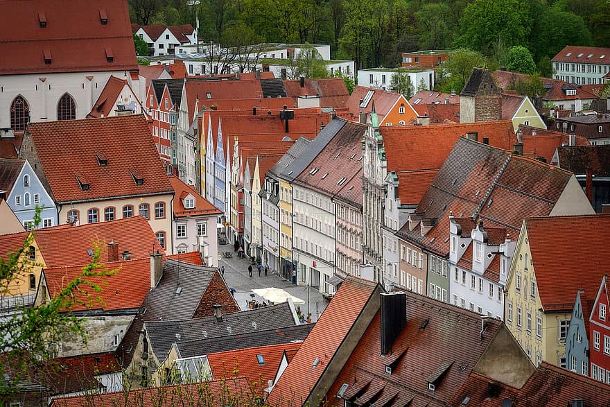 domy, miasto, Niemcy, Budynki, historyczne centrum, Landsberg, dach, architektura, znane miejsce, pejzaż miejski, na zewnątrz budynku