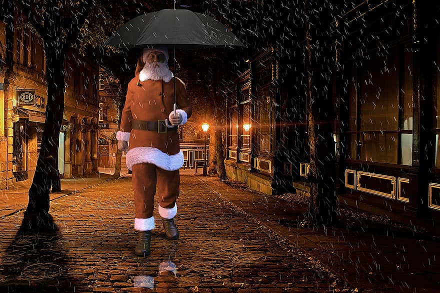 Papai Noel, Natal, rua, chuva, inverno, noel, tradição, neve, renderizar