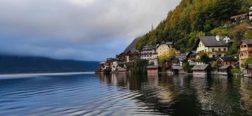 Hallstatt, landsby, sø, wien, østrig, huse, bygninger, gammel by, bjerge, vand, bjerg