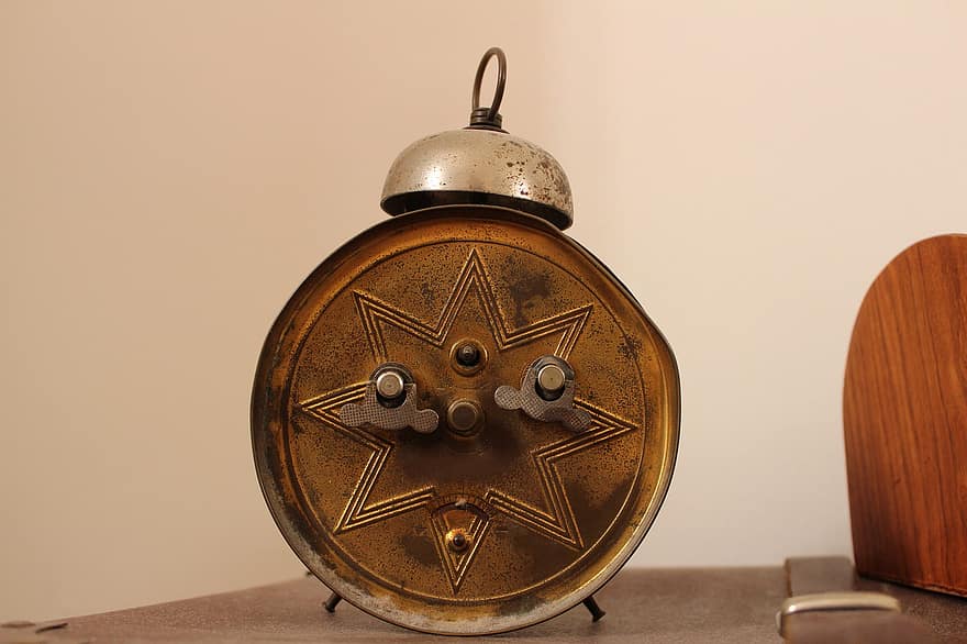 jam alarm, waktu, jam, tua, lembar, bintang, kuno, antik, kayu, objek tunggal, logam