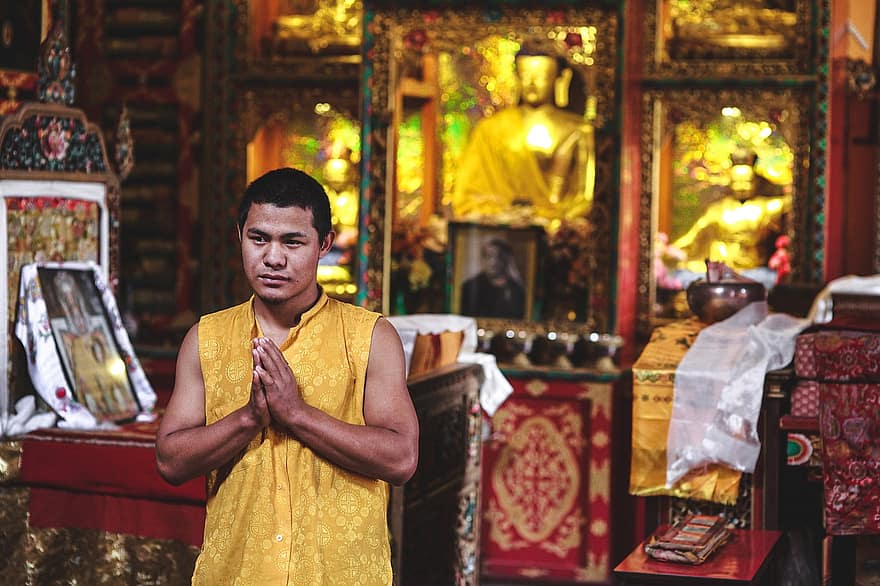 hombre, orar, joven, tradicional, persona, humano, masculino, sonreír, retrato, Nepal, Katmandú