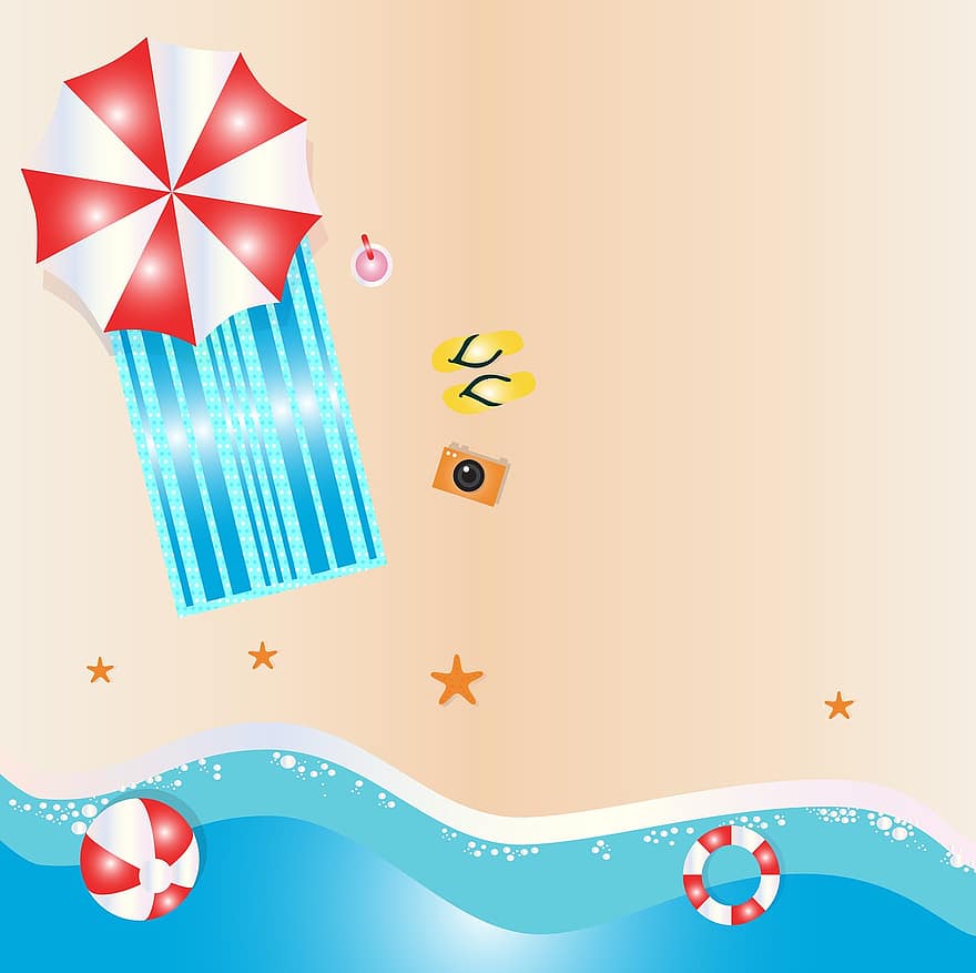Overhead Beach, Strand, hav, paraply, Strandballer, solbriller, flip flops, kamera, overhead, utendørs, blå