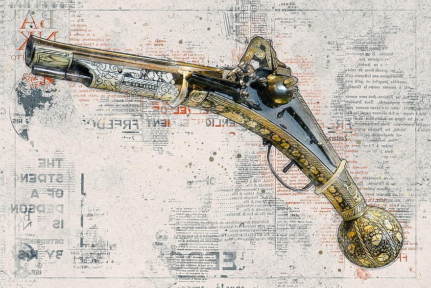 pistooli, vanha, ase, keskiaika, historiallisesti, antiikki-, digitaalinen manipulointi