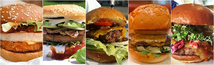 햄버거, 콜라주, 포토 꼴라주, 식품, 점심, 식사, 공식 만찬, 샌드위치, 치즈 버거, 맛있는, 패스트 푸드