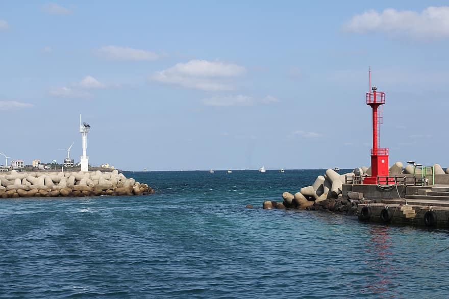 Lighthouse, Jeju, Korea, Beacon, Travel, Exploration, Outdoors, Sea, water, blue, summer