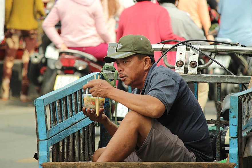 Man, Cart, Street, Food, Snack, Vietnam