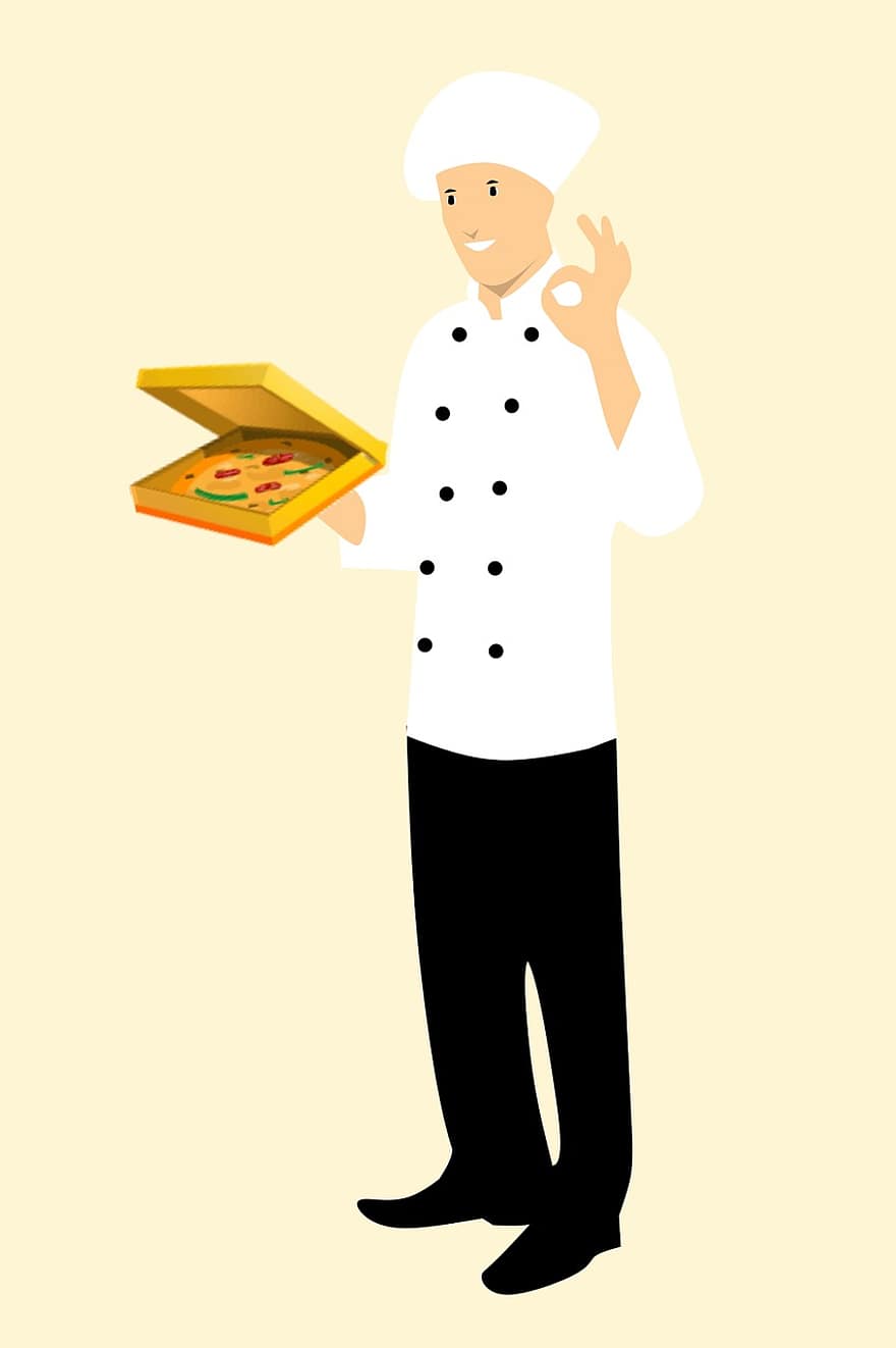 Chef, Baker, Italian, Pizza, Box Showing, Perfect Sign, Cartoon Character, Idea