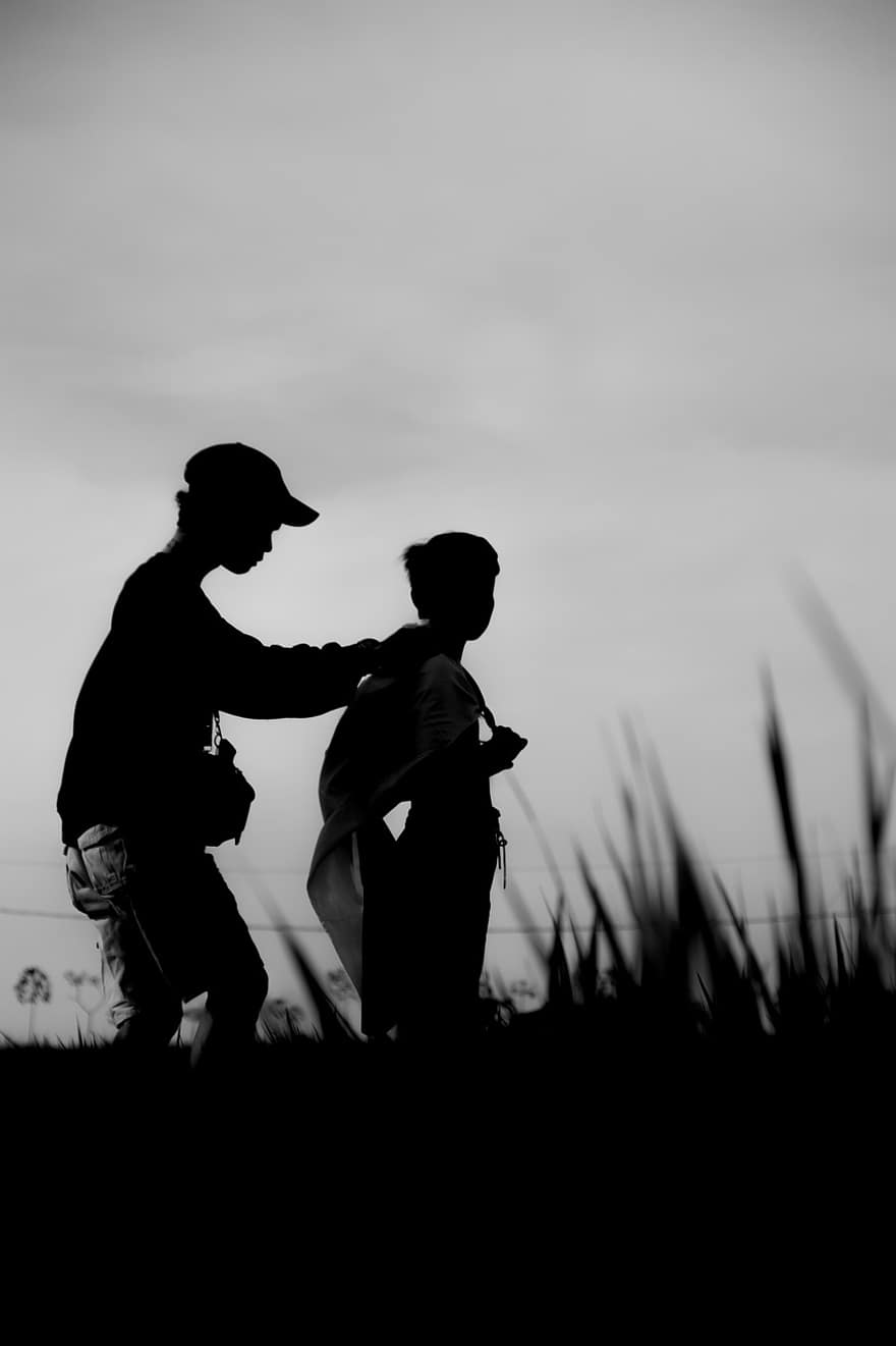 People, Walking, Meadow, Black And White, Kid, Child, Field, Outdoors, silhouette, men, family