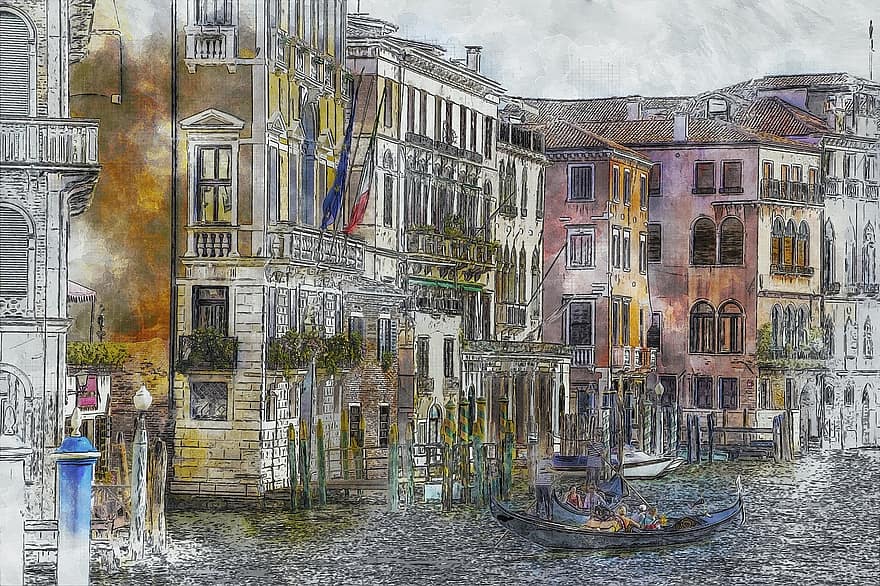 Venecija, Italija, vanduo, architektūra, kanalas, kelionė, gondola, pastatas, miestas, romantiškas, Europa