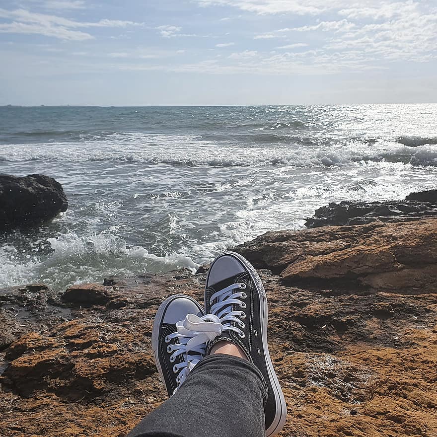 kengät, jalkaa, ranta, meri, valtameri, aallot, näkymä