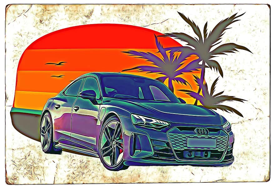 Audi, автомобил, превозно средство, спортна кола, езда, път, луксозен автомобил, палми, чертеж, пощенска картичка, кола