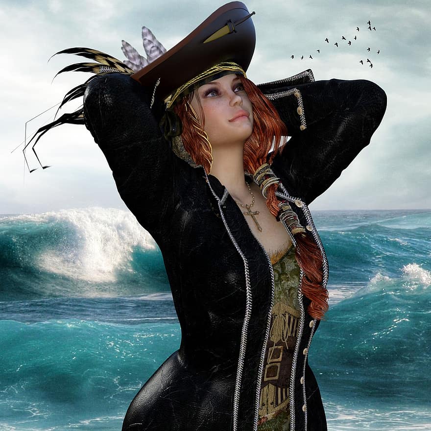 пират, жена, море, вода, птици, плаж, спрей, вълна, Северно море