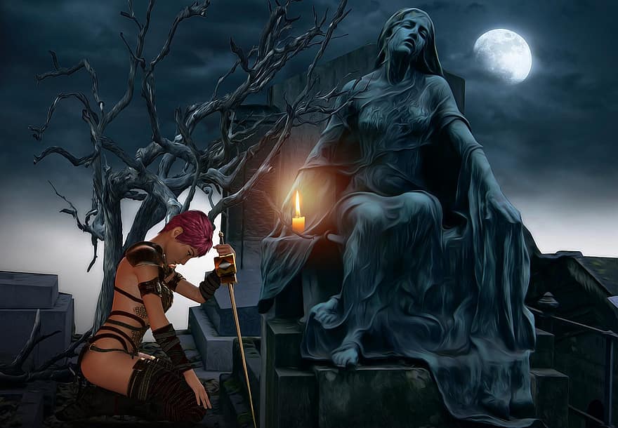 Background, Night, Moon, Statue, Candle, Warrior, Fantasy, Female, Character, Digital Art