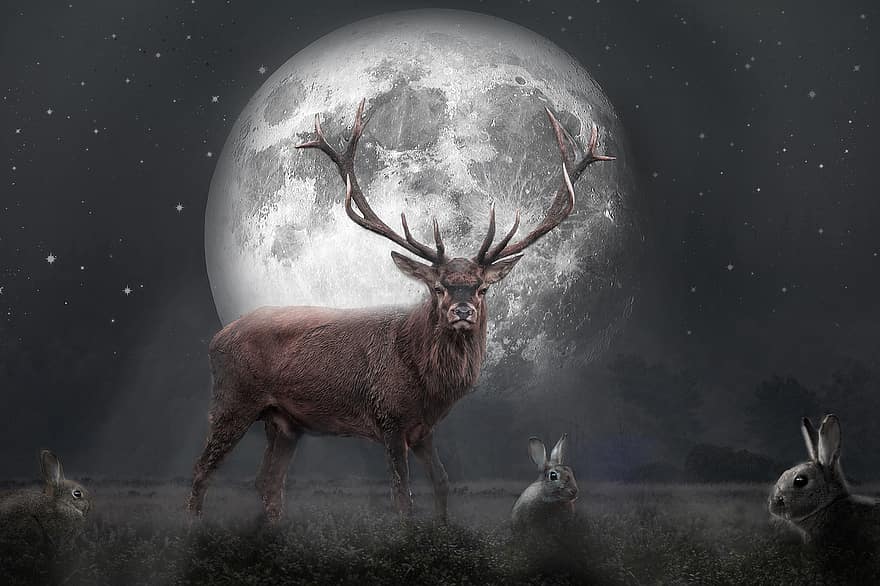 cervo, notte, Luna piena, animale, coniglietto, Luna, illustrazione, animali allo stato selvatico, buio, foresta, la neve