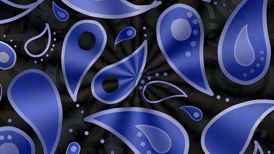 Paisley, Oriental, Background, Pattern, Abstract, Shiny, Eastern, Ethnic, Black, Blue, Drops