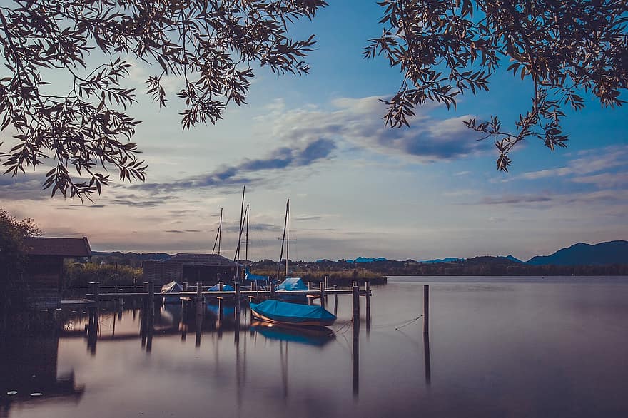 Lago Chiemsee, Alemania, baviera, humor nocturno, paisaje, puesta del sol, agua, verano, barco náutico, puesta de sol, azul