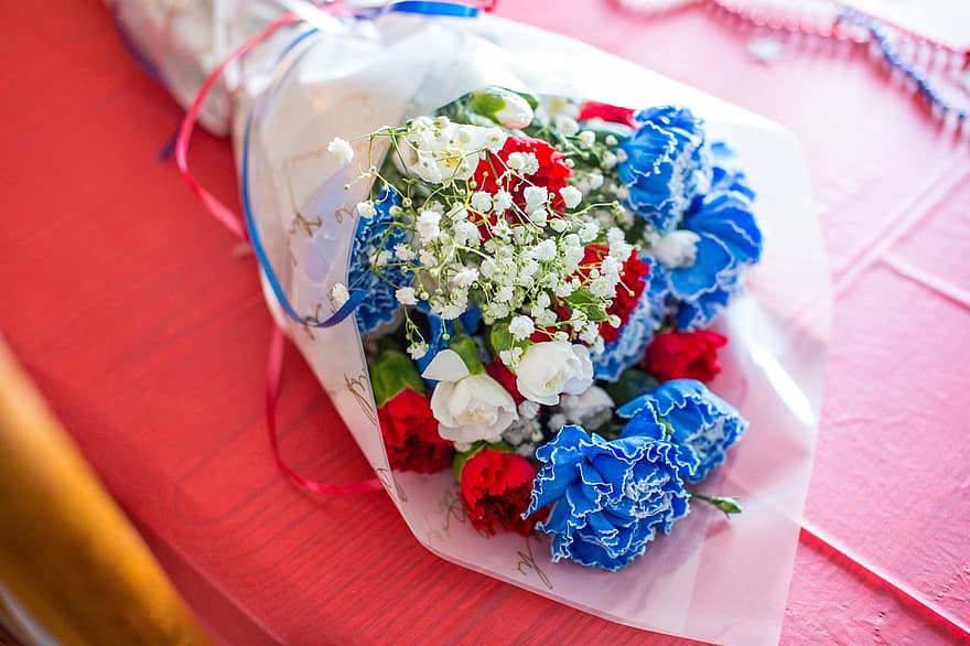 цветы, букет, красный, белый, синий, патриотический, гвоздики, цветочный