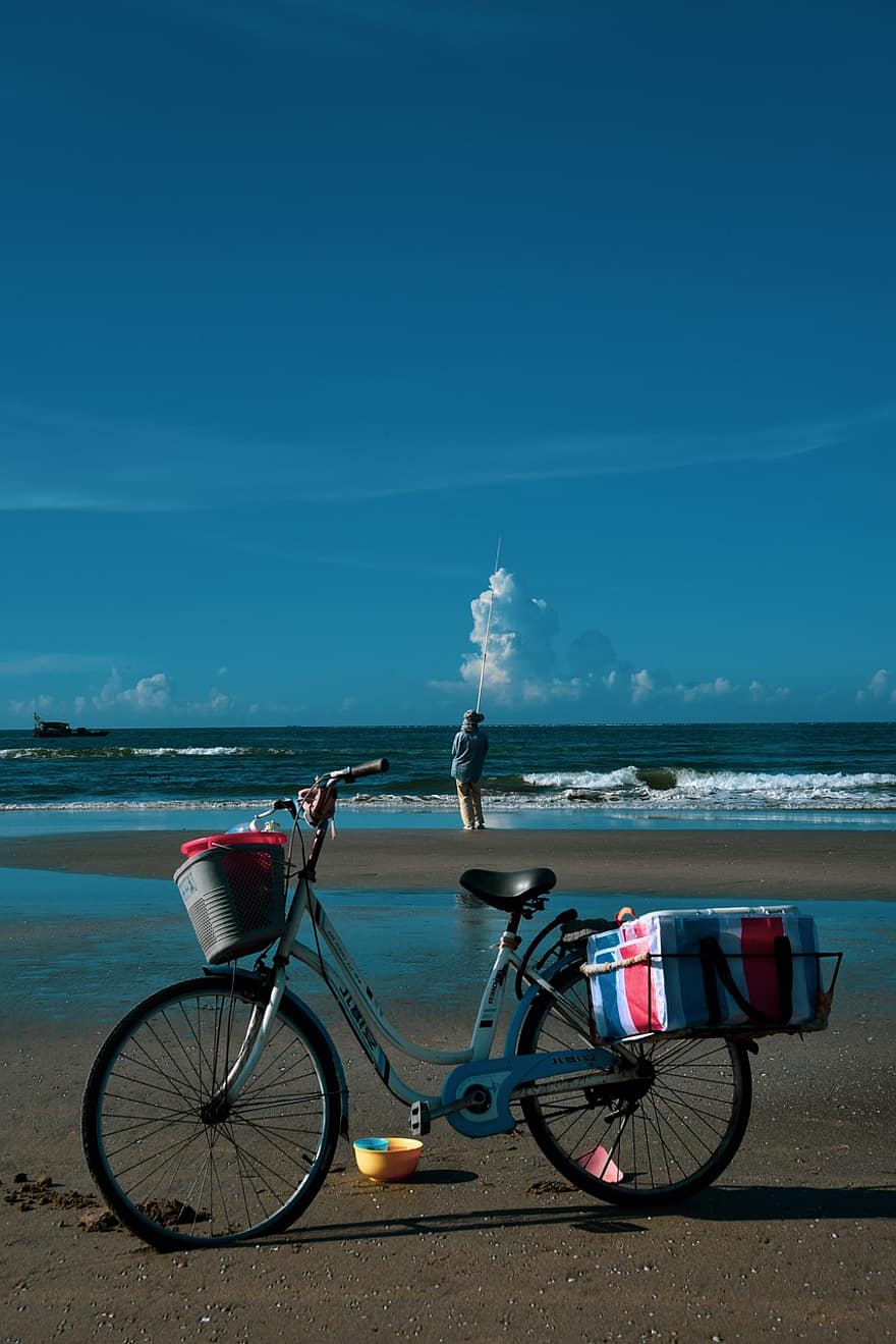 bicicleta, viatjar, platja, home, pescador, pescar, marí, oci, exploració, vacances
