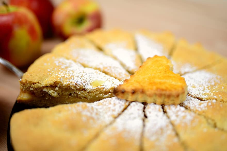 ābolu pīrāgs, pīrāgs, pūdercukurs, ceptas preces, mīklas izstrādājumi, deserts, saldumi, cept, ēdiens, ēst