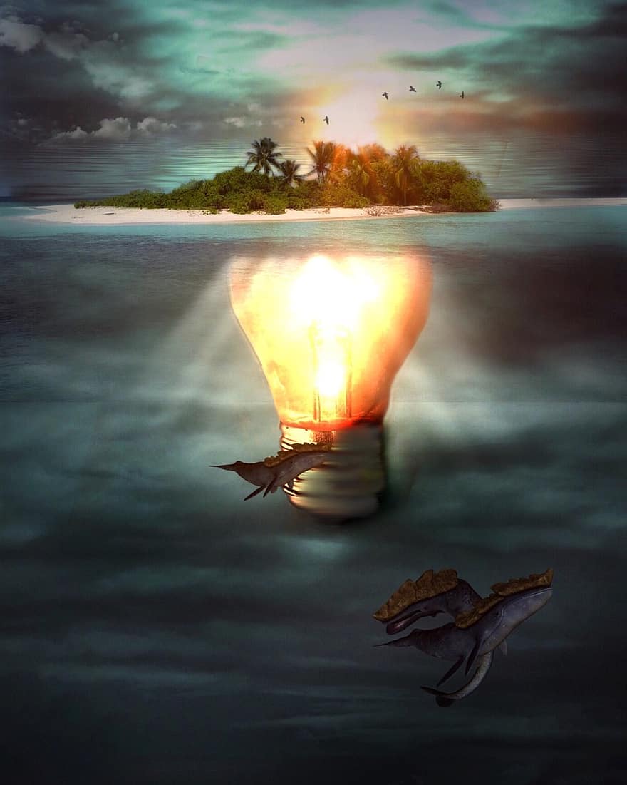 ilha, lâmpada, agua, céu, monstro do mar, humor, azul, espelhamento, panorama, árvore, Dom