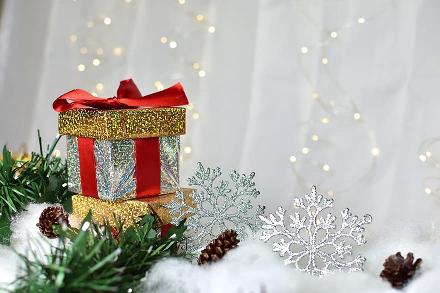 cadouri, Crăciun, fulgi de zapada, celebrare, vacanţă, cadou, decor, iarnă, fundaluri, sezon, lucios